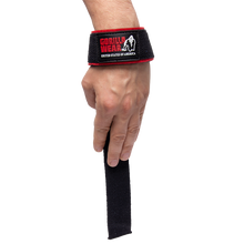 Load image into Gallery viewer, GW padded wrist straps for lifting red/black
