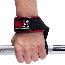 Load image into Gallery viewer, GW padded wrist straps for lifting red/black
