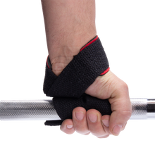 Load image into Gallery viewer, GW padded wrist straps for lifting red/black
